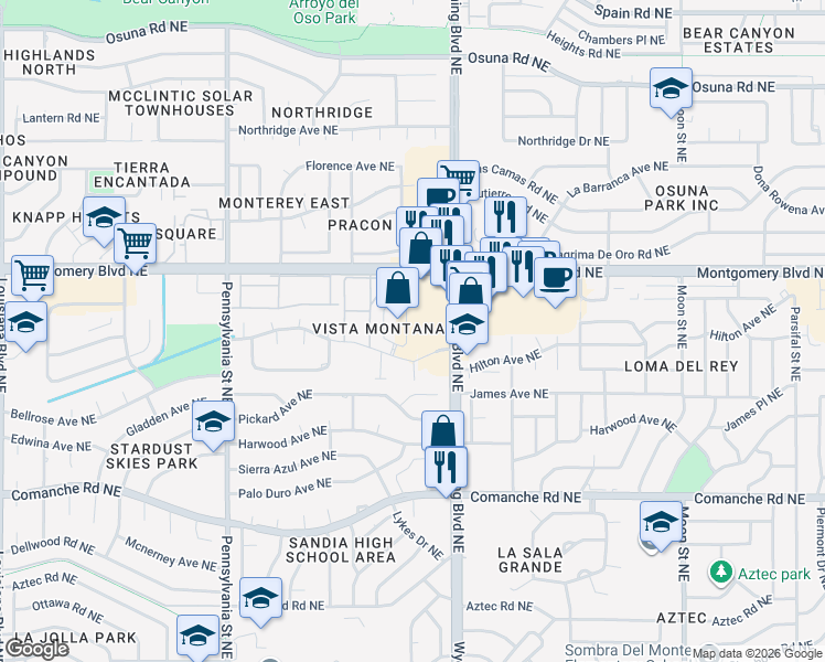 map of restaurants, bars, coffee shops, grocery stores, and more near 4301 Wyoming Boulevard Northeast in Albuquerque