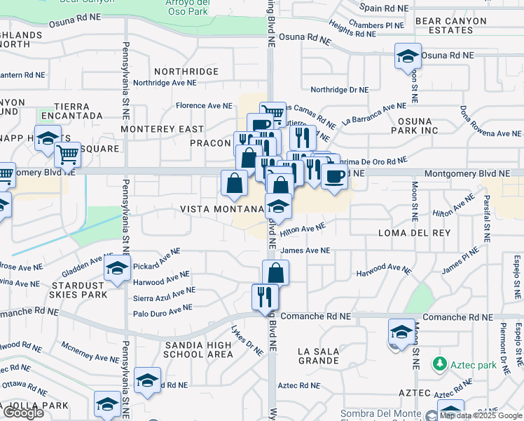 map of restaurants, bars, coffee shops, grocery stores, and more near 4301 Wyoming Boulevard Northeast in Albuquerque
