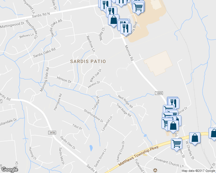 map of restaurants, bars, coffee shops, grocery stores, and more near 9624 Hinson Drive in Matthews