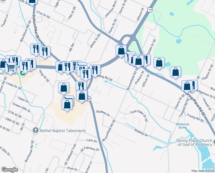 map of restaurants, bars, coffee shops, grocery stores, and more near 1808 Young Road Southeast in Cleveland