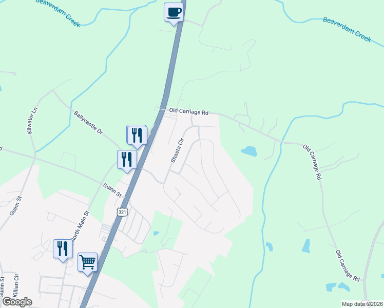 map of restaurants, bars, coffee shops, grocery stores, and more near 6044 Shamrock Green Drive in Clover