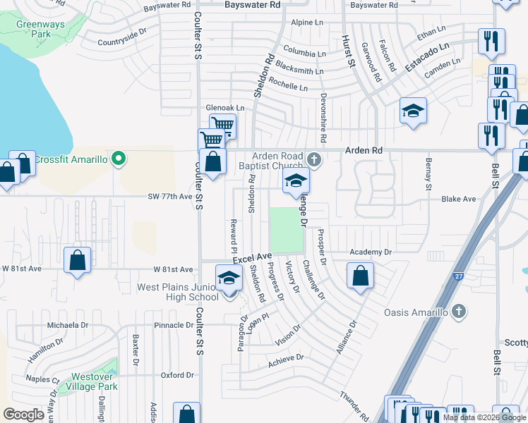 map of restaurants, bars, coffee shops, grocery stores, and more near 7714 Progress Drive in Amarillo