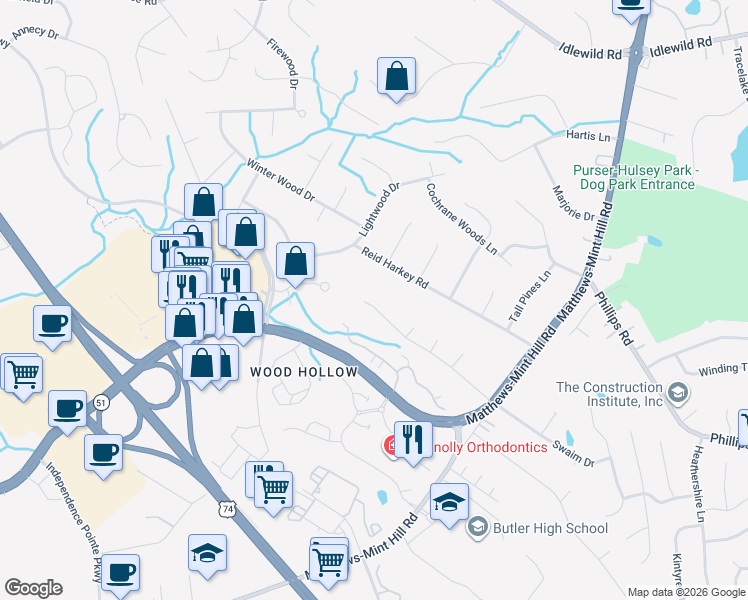 map of restaurants, bars, coffee shops, grocery stores, and more near 2118 Brandywine Drive in Matthews