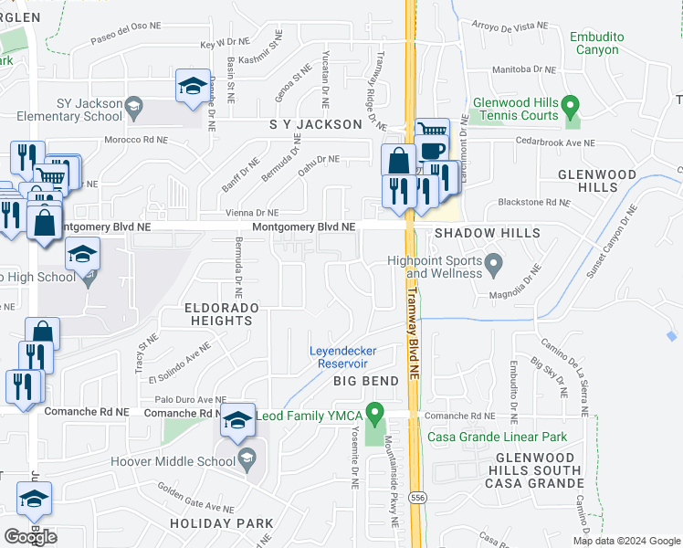 map of restaurants, bars, coffee shops, grocery stores, and more near 4129 Shiloh Drive Northeast in Albuquerque