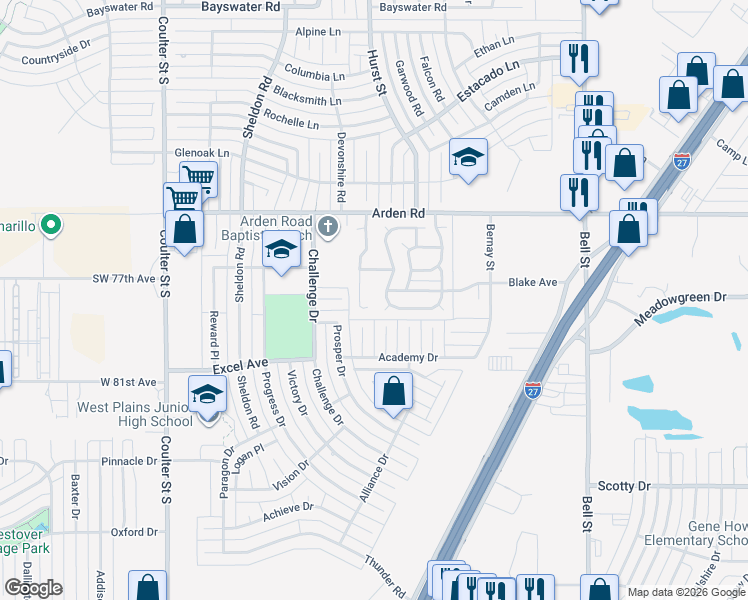 map of restaurants, bars, coffee shops, grocery stores, and more near 7900 Advance Place in Amarillo