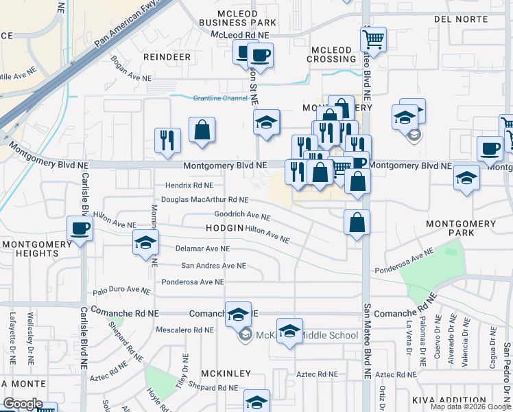 map of restaurants, bars, coffee shops, grocery stores, and more near 4513 Goodrich Avenue Northeast in Albuquerque