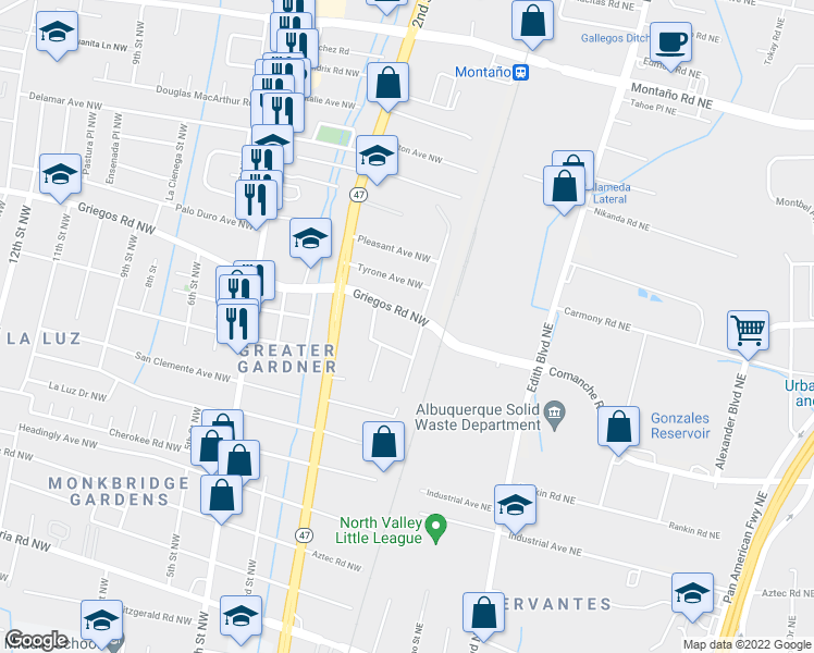map of restaurants, bars, coffee shops, grocery stores, and more near 4611 Carlton Street Northwest in Albuquerque