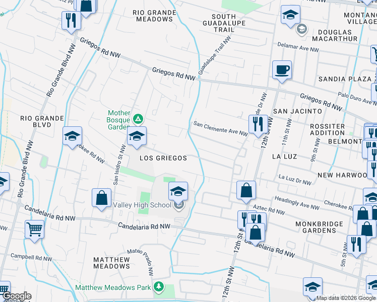 map of restaurants, bars, coffee shops, grocery stores, and more near 1415 Van Cleave Road Northwest in Albuquerque