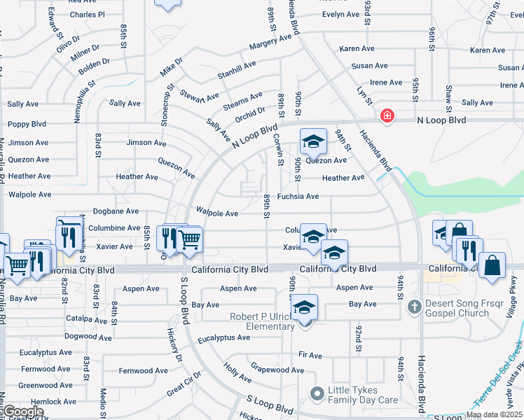 map of restaurants, bars, coffee shops, grocery stores, and more near 8901 Walpole Avenue in California City