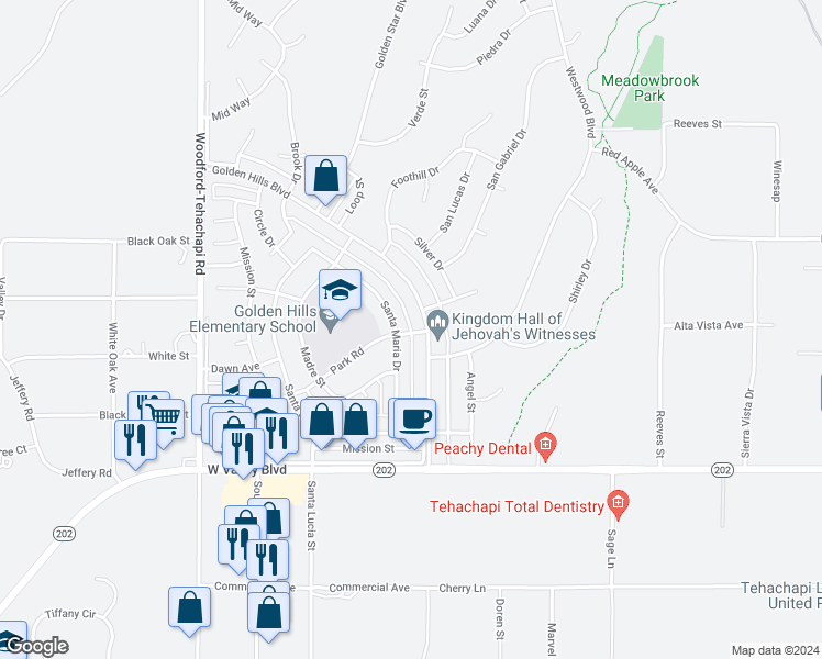 map of restaurants, bars, coffee shops, grocery stores, and more near 21271 Golden Hills Boulevard in Tehachapi