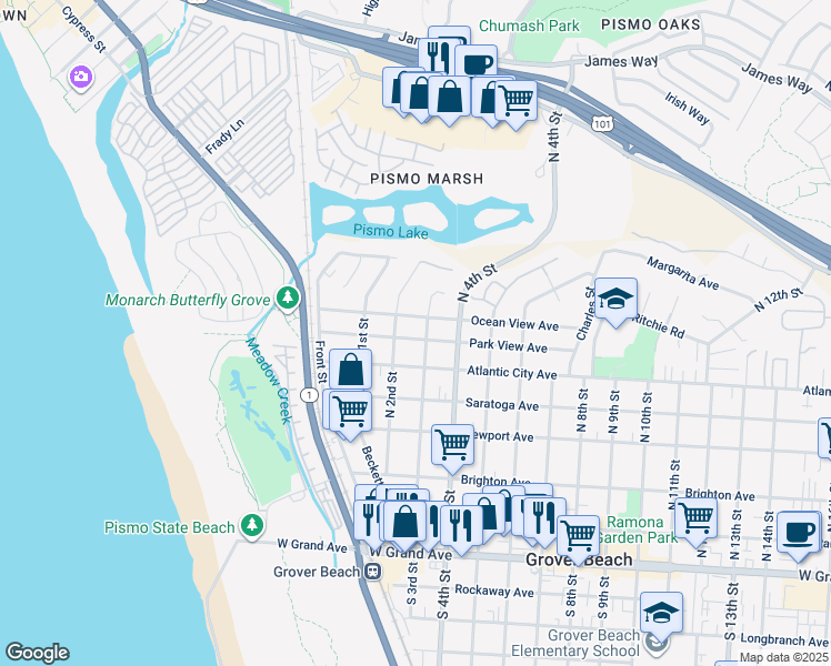 map of restaurants, bars, coffee shops, grocery stores, and more near 302 Park View Avenue in Grover Beach