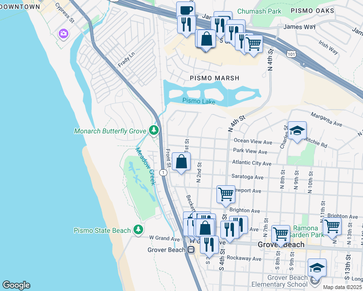 map of restaurants, bars, coffee shops, grocery stores, and more near 82 Park View Avenue in Grover Beach