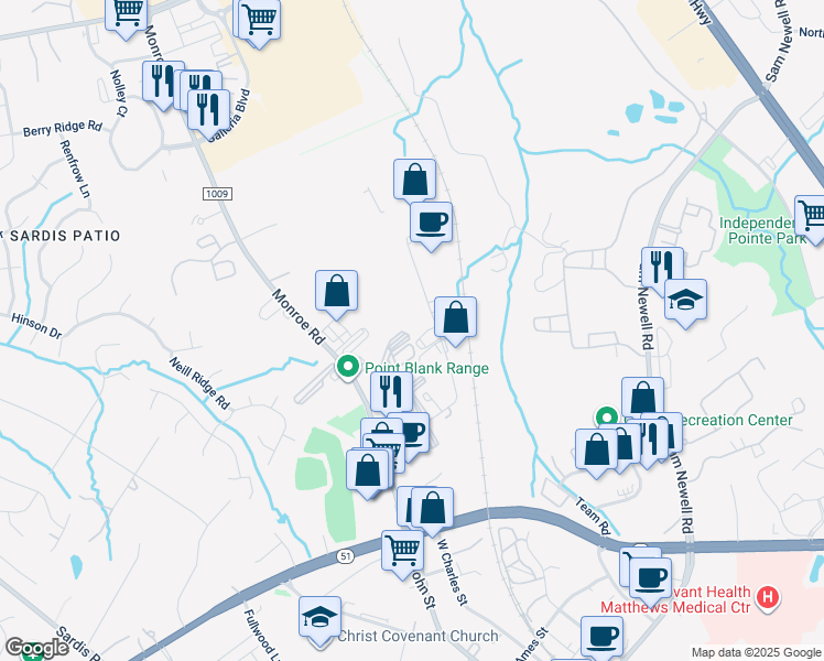map of restaurants, bars, coffee shops, grocery stores, and more near 1239 Industrial Drive in Matthews