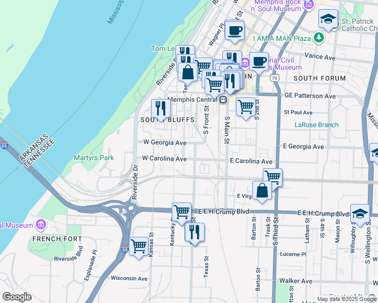map of restaurants, bars, coffee shops, grocery stores, and more near 665 Tennessee Street in Memphis