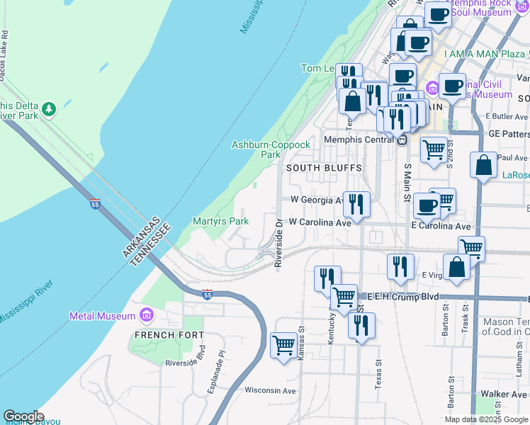 map of restaurants, bars, coffee shops, grocery stores, and more near 717 Riverside Drive in Memphis