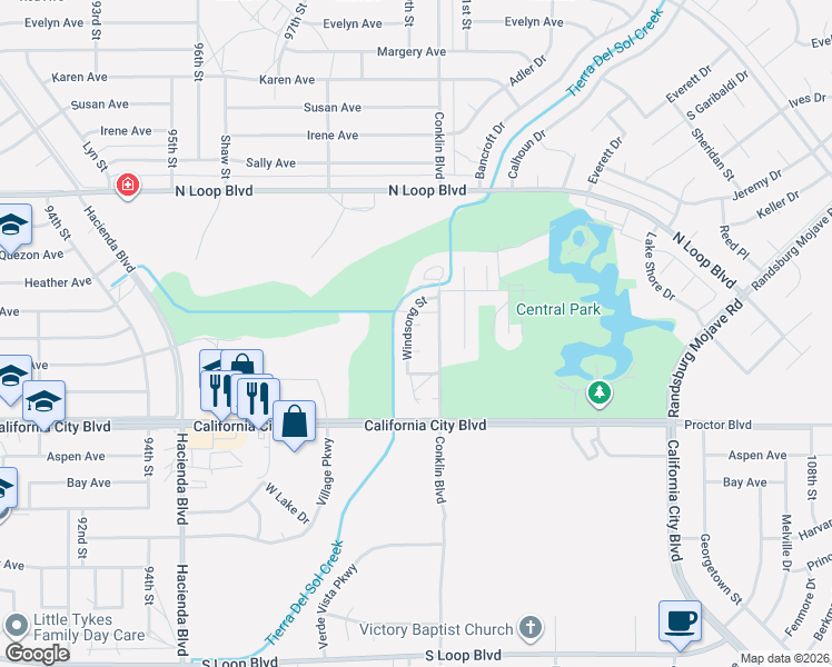 map of restaurants, bars, coffee shops, grocery stores, and more near 9912 Sandtrap Court in California City