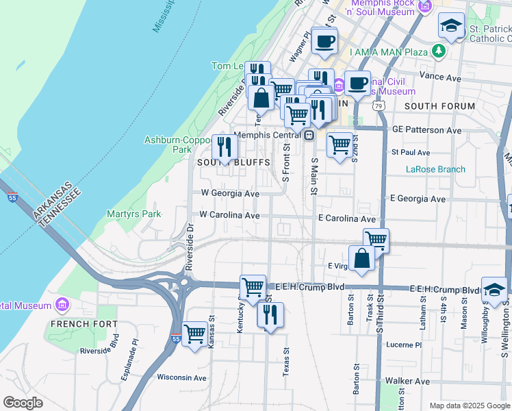 map of restaurants, bars, coffee shops, grocery stores, and more near Tennessee Street in Memphis