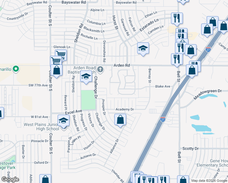 map of restaurants, bars, coffee shops, grocery stores, and more near 7900 Advance Place in Amarillo