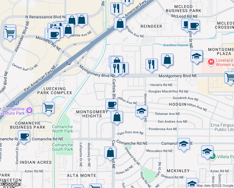 map of restaurants, bars, coffee shops, grocery stores, and more near 4202 Carlisle Boulevard Northeast in Albuquerque