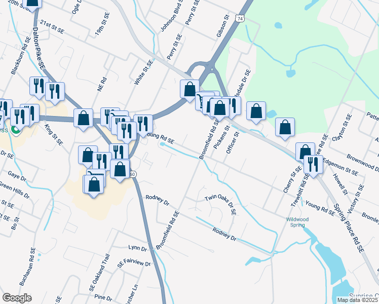 map of restaurants, bars, coffee shops, grocery stores, and more near 1922 Young Road Southeast in Cleveland