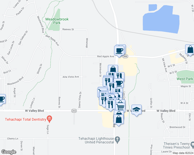 map of restaurants, bars, coffee shops, grocery stores, and more near 21281 McIntosh Street in Tehachapi