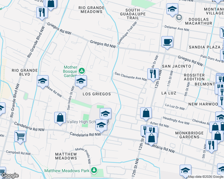 map of restaurants, bars, coffee shops, grocery stores, and more near 1415 Van Cleave Road Northwest in Albuquerque