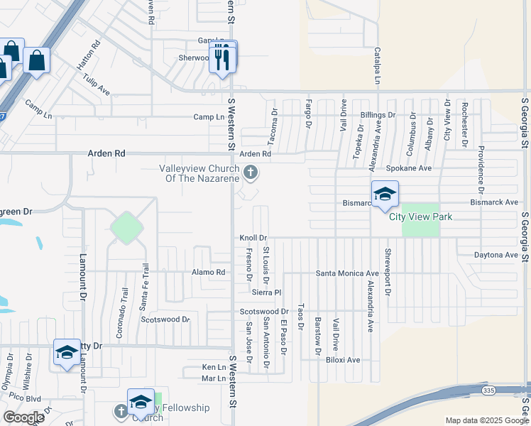 map of restaurants, bars, coffee shops, grocery stores, and more near 4138 Knoll Dr in Amarillo