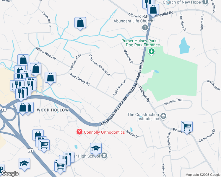 map of restaurants, bars, coffee shops, grocery stores, and more near 2510 Burnwood Court in Matthews