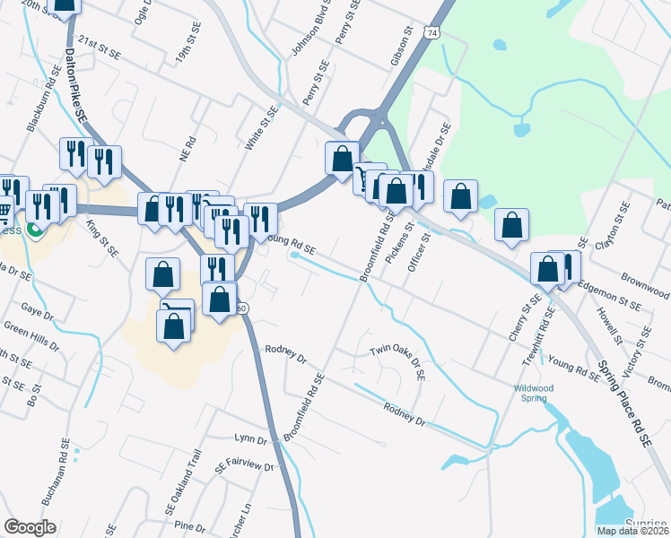 map of restaurants, bars, coffee shops, grocery stores, and more near 1922 Young Road Southeast in Cleveland