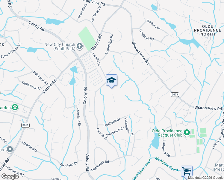 map of restaurants, bars, coffee shops, grocery stores, and more near 5001 Camilla Drive in Charlotte