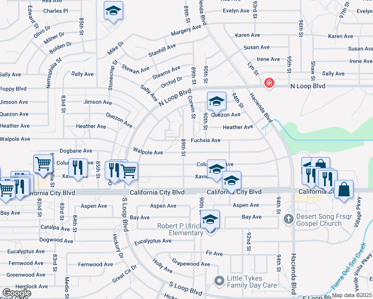 map of restaurants, bars, coffee shops, grocery stores, and more near 8901 Walpole Avenue in California City