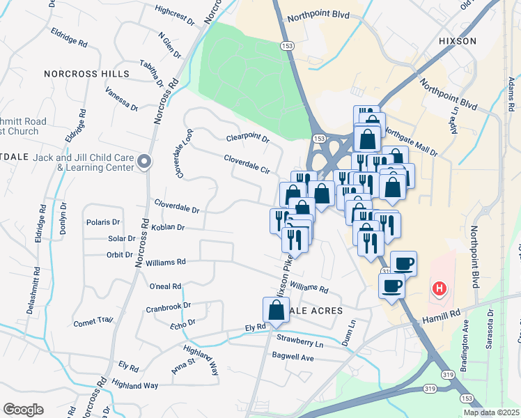 map of restaurants, bars, coffee shops, grocery stores, and more near 1410 Cloverdale Drive in Chattanooga