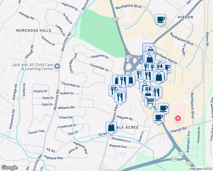 map of restaurants, bars, coffee shops, grocery stores, and more near 1412 Cloverdale Drive in Chattanooga