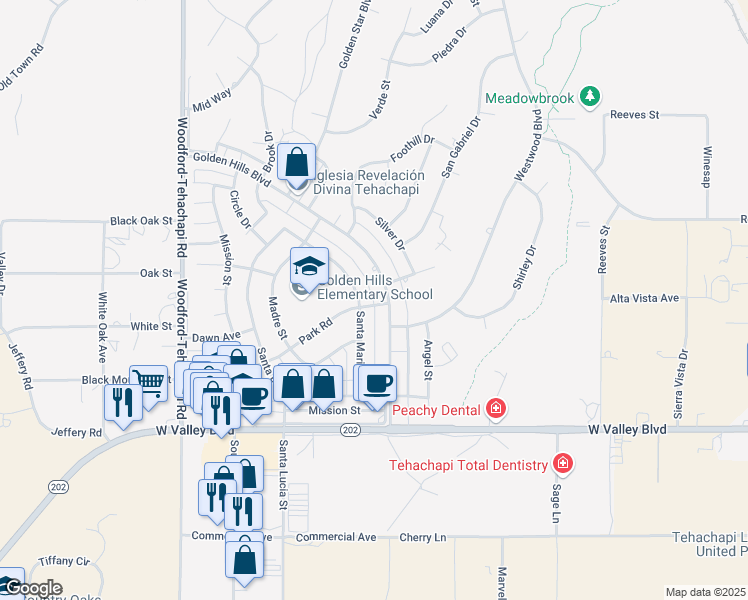 map of restaurants, bars, coffee shops, grocery stores, and more near 21301 Golden Hills Boulevard in Tehachapi