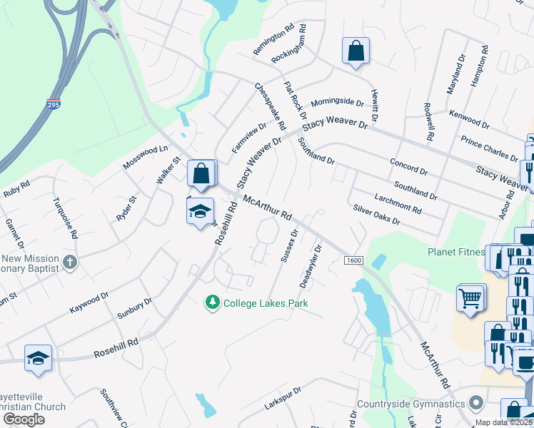 map of restaurants, bars, coffee shops, grocery stores, and more near 2510 McArthur Landing Circle in Fayetteville