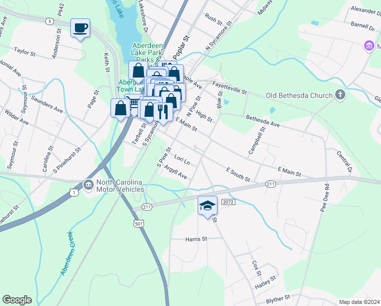 map of restaurants, bars, coffee shops, grocery stores, and more near 362 East South Street in Aberdeen