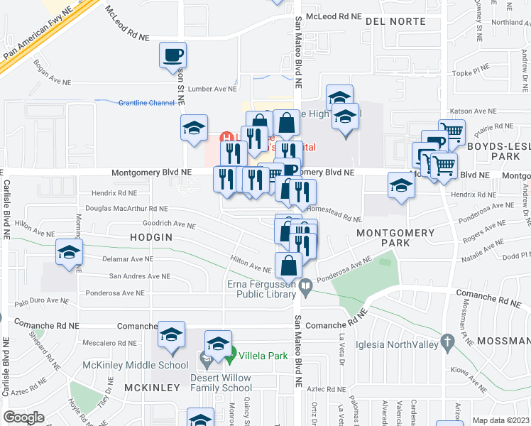 map of restaurants, bars, coffee shops, grocery stores, and more near 4827 Spanish Sun Avenue Northeast in Albuquerque