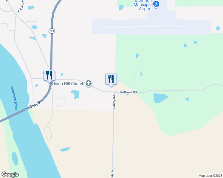 map of restaurants, bars, coffee shops, grocery stores, and more near 99 Sandtown Road in Morrilton