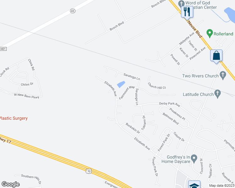 map of restaurants, bars, coffee shops, grocery stores, and more near 4206 Elizabeth Avenue in New Bern