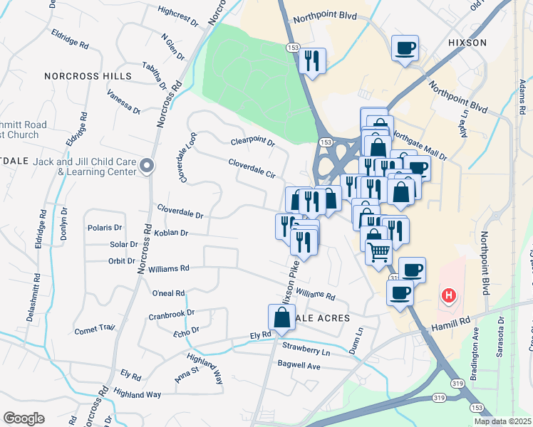 map of restaurants, bars, coffee shops, grocery stores, and more near 1410 Cloverdale Drive in Chattanooga