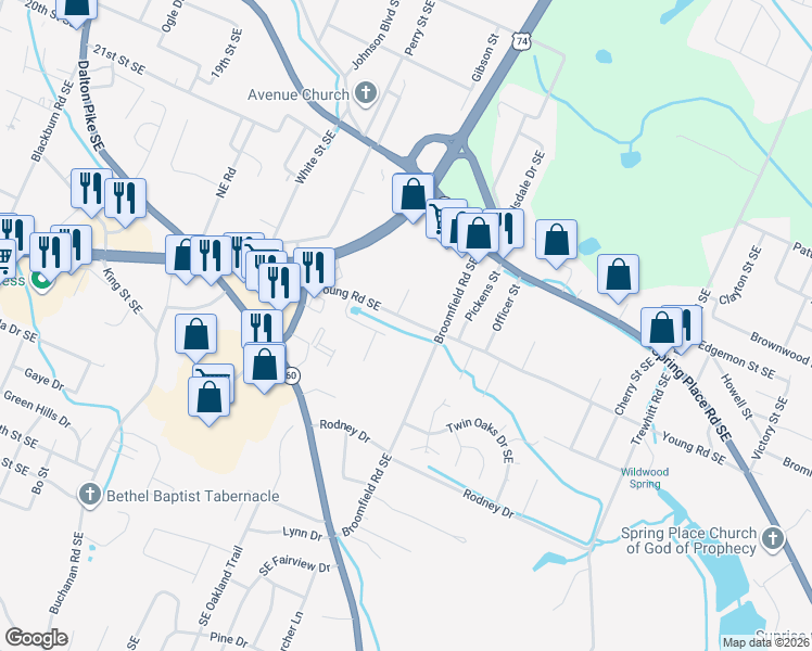 map of restaurants, bars, coffee shops, grocery stores, and more near 1922 Young Road Southeast in Cleveland