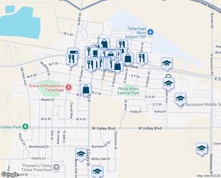 map of restaurants, bars, coffee shops, grocery stores, and more near 118 East D Street in Tehachapi