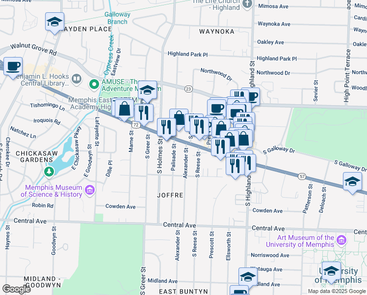map of restaurants, bars, coffee shops, grocery stores, and more near 124 Alexander Street in Memphis