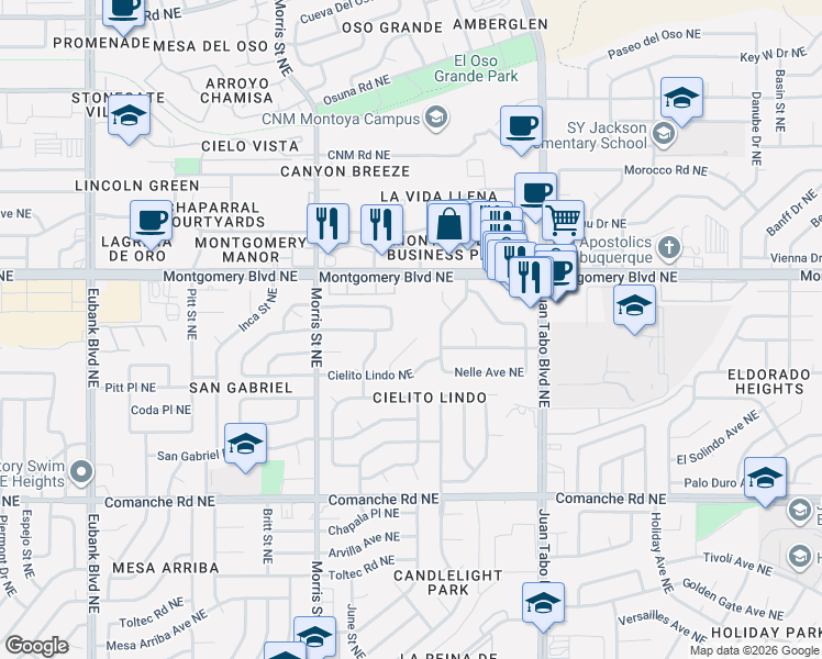 map of restaurants, bars, coffee shops, grocery stores, and more near 3921 Doroteo Place Northeast in Albuquerque