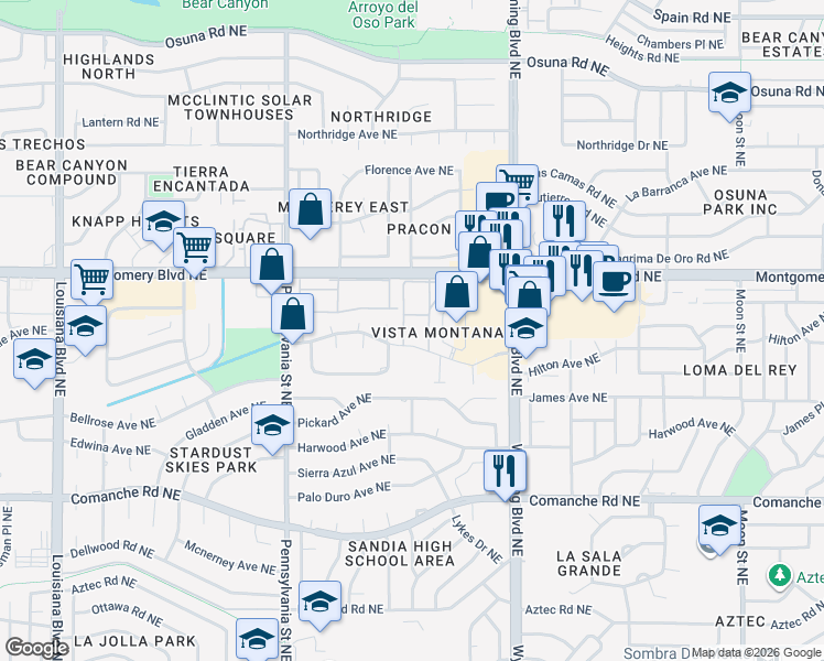 map of restaurants, bars, coffee shops, grocery stores, and more near 99999 Hendrix Road Northeast in Albuquerque