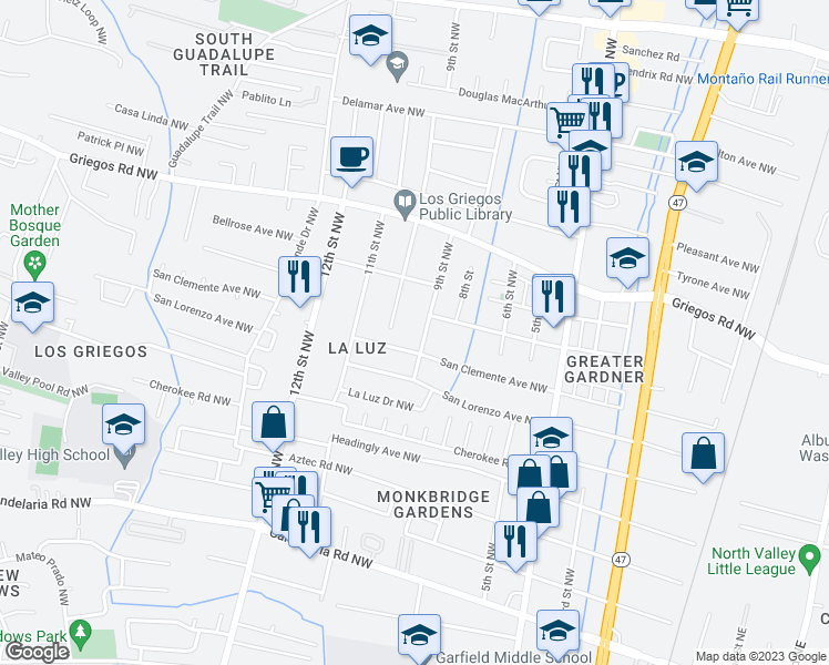 map of restaurants, bars, coffee shops, grocery stores, and more near 833 San Clemente Avenue Northwest in Albuquerque