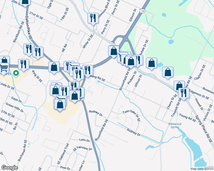 map of restaurants, bars, coffee shops, grocery stores, and more near 1808 Young Road Southeast in Cleveland