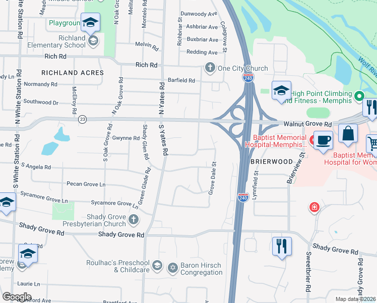 map of restaurants, bars, coffee shops, grocery stores, and more near 5689 North Angela Road in Memphis