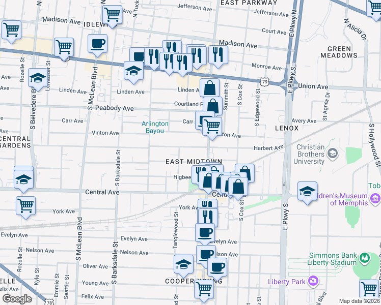 map of restaurants, bars, coffee shops, grocery stores, and more near 2076 Cowden Avenue in Memphis