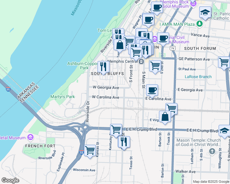 map of restaurants, bars, coffee shops, grocery stores, and more near 665 Tennessee Street in Memphis